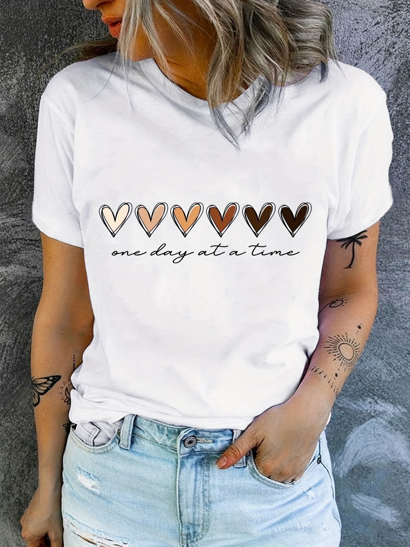

One Day At A Time Print Tee, Short Sleeve Summer Casual Top, Women's Clothing