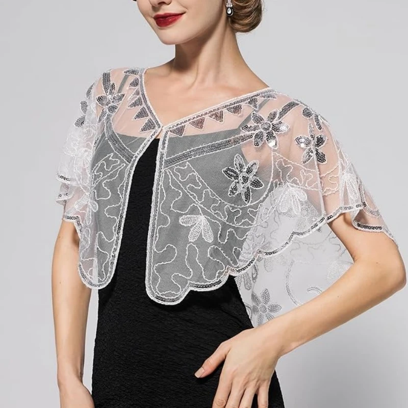 1920er-Jahre-Pailletten-Flapper-Schal, Vintage, dünn, atmungsaktiv, glänzender Umhang, eleganter Stil, draußen, kurzer Umhang für Frauen, Bankett – Detail 8