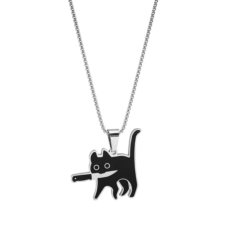 Hip Hop Titanium Stalen Killer Cat Ketting voor Vrouwen Mannen Schattige Punk Retro Doodle Zwarte Kat Hanger Ketting Nieuw Sieraden Cadeau_voghion.com