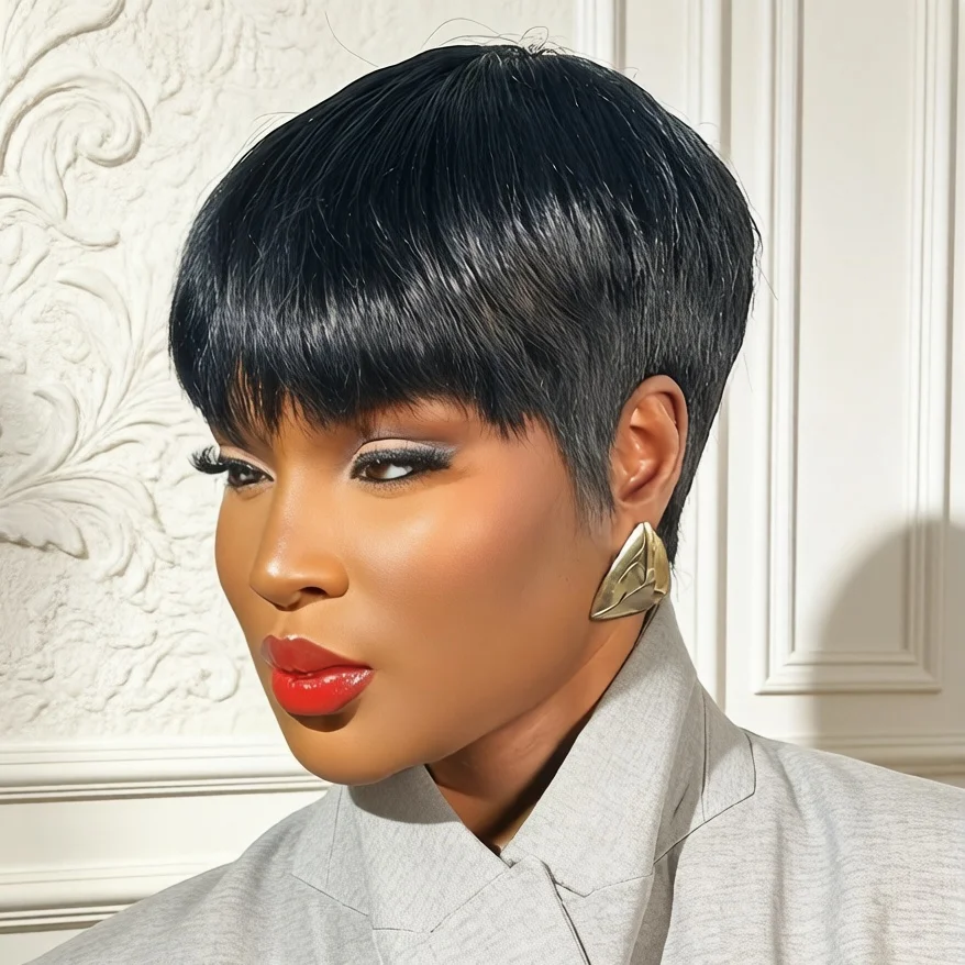 픽시컷 인모 가발, 피 스트레이트 레이어드 헤어, 자연스러운 스타일 가발, 풀 머신메이드 가발 ?