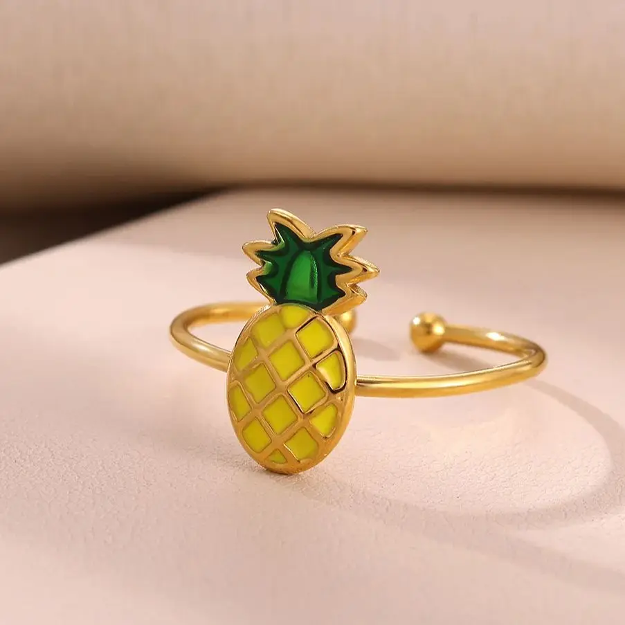 Pineapple Enamel Rings Women Gold Color Stainless Steel Adjustable Finger Ring