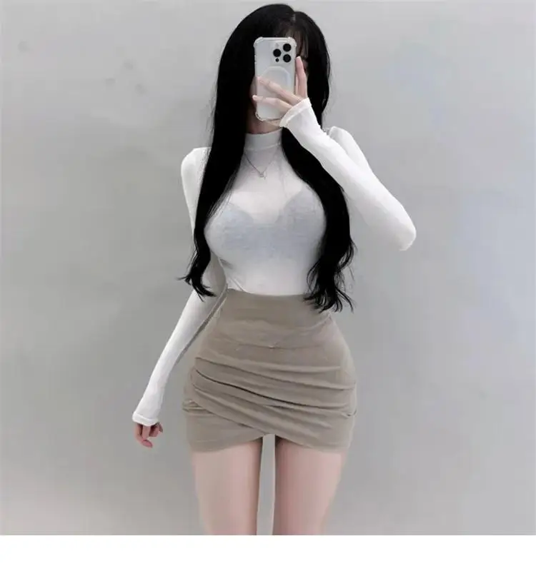 Koreanische Herbst Winter Neue Schlank Crop Top Sexy Frauen T-Shirt Durchsichtig Dünne Tops Langarm Sheer Damen Rollkragen T-Shirt – Detail 22