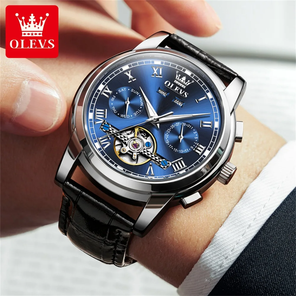 OLEVS 6607 Men Automatic Watch Roman Scale Mechanical Watch For Men Original Hollow Waterproof Male Wristwatch Week Date Display