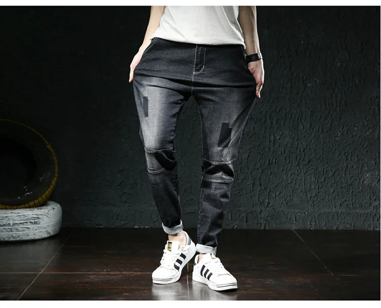 Personality Patchwork Denim Jeans Loose Men's Casual Pencil Pants Men's Stretch Jeans Trousers Brand Blue Stretch cargo jeans for men