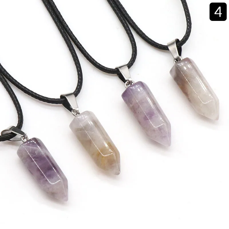 Natural Stone Hexagon Column Pendant Tiger's Eye Opal Amethysts Quartz Crystal Chakra Reiki Healing Necklace