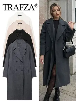 TRAFZA Cappotto Invernale Per Le Donne 2024 Risvolto Solido Doppio Petto Lungo Cardigan Top Femminile Pokcet Streetwear Donna Nuovo In Cappotto Sportivo 1