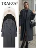 TRAFZA Winter Coat For Women 2024 Solid Lapel Double Breasted Long Cardigan Top Female Pokcet Streetwear Woman New In OuterCoat 1