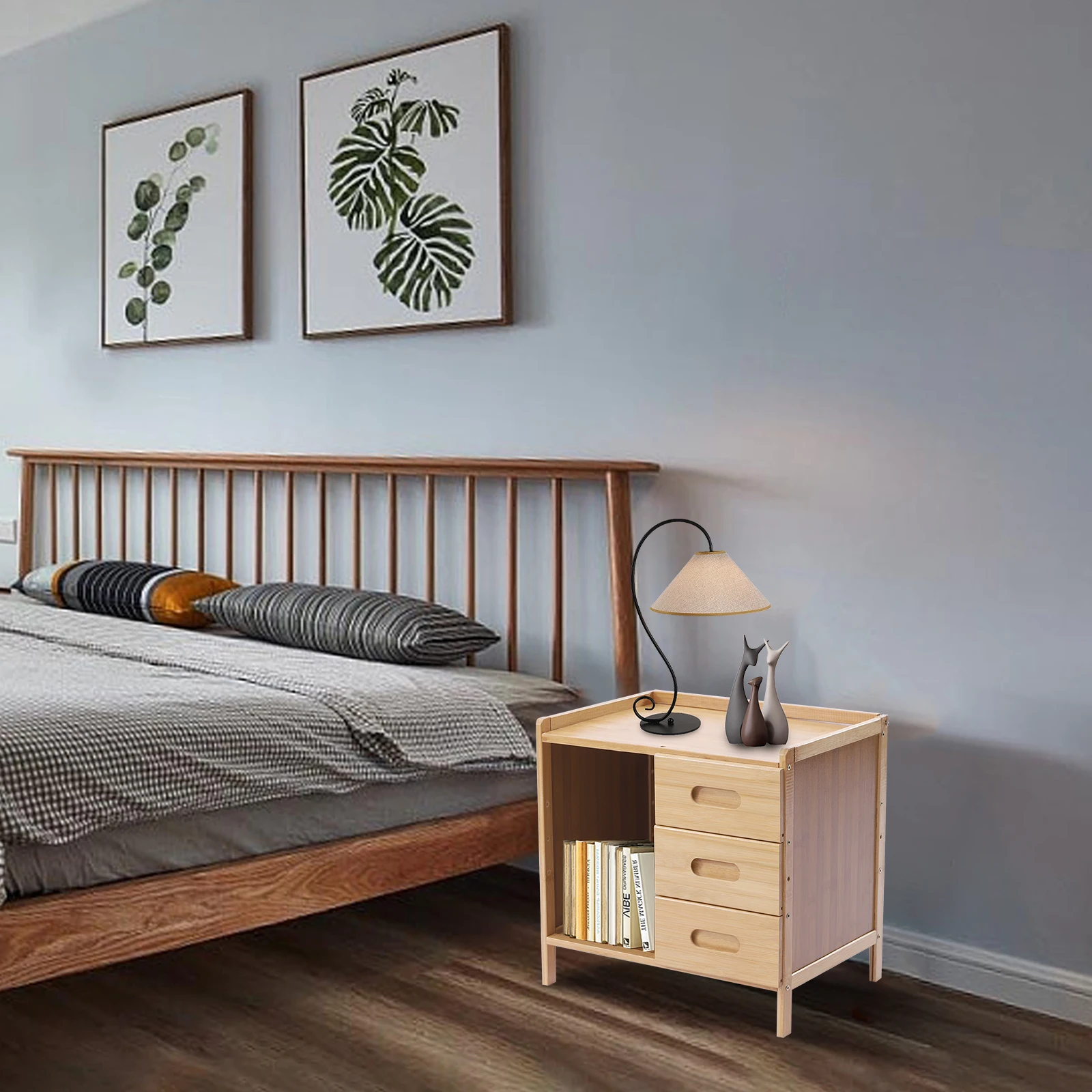 3 Drawer Modern Bamboo Nightstand Side Table Bedroom Storage Drawer and Shelf Bedside End Table