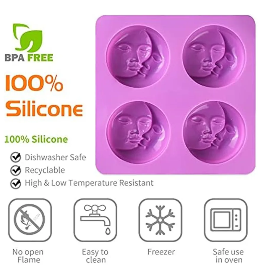 Description Picture 2 of itemSun & Moon Silicone Soap Molds 4 Cavity Crescent Moon Face Mould for Homemade Lotion Bar Bath Bombs Polymer Clay Wax Candle Make