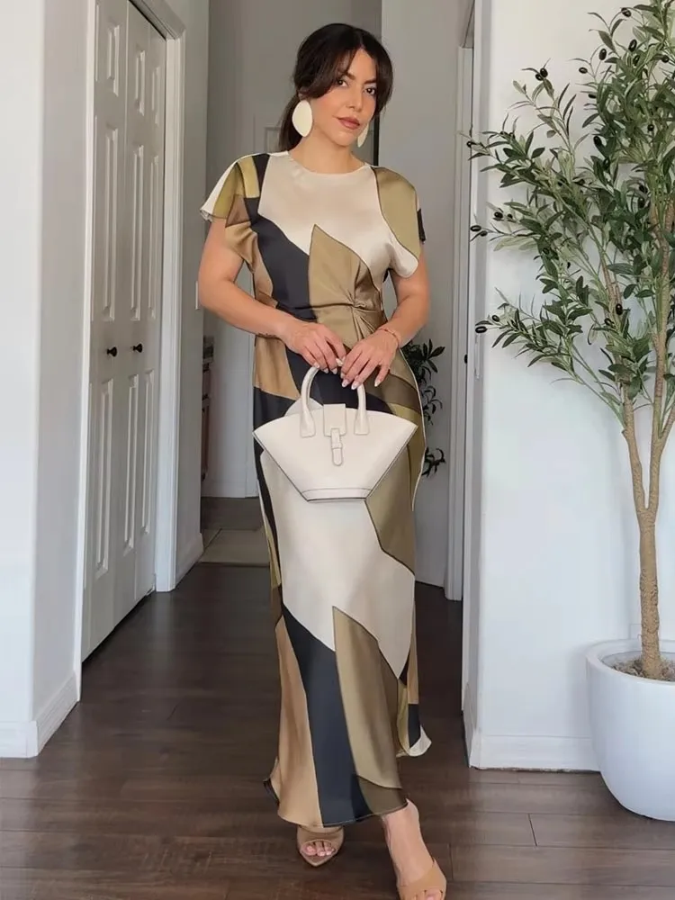 HH Print Midi Dress Woman Short Sleeve Satin Long Dresses For Women 2024 Elegant Party Dresses Vintage Casual Dresses