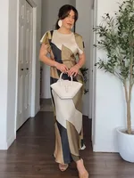 HH Print Midi Dress Woman Short Sleeve Satin Long Dresses For Women 2024 Elegant Party Dresses Vintage Casual Dresses - Image 4
