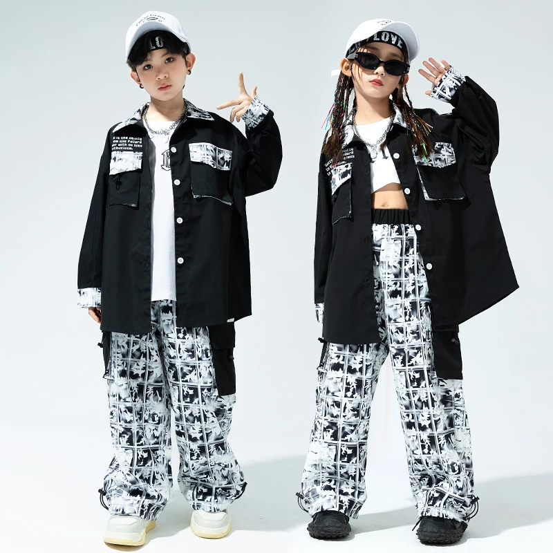 

Kids Street Dance Hip Hop Clothing Rose Oversized Shirt Print Casual Cargo Pants for Girl Boy Jazz Dance Costume Clothes Set