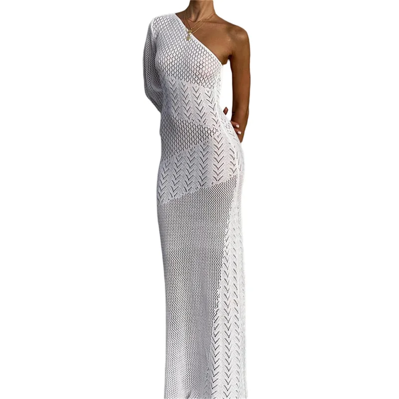 

Musuos Tie-up Backless Women Bodycon Dress Crochet Knit Beach Street Style Off Shoulder Long Sleeve Hollowed Slim Vestidos Femme