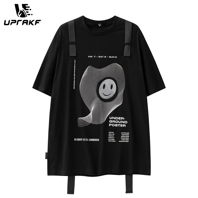 

UPRAKF Hip Hop Y2K Men T Shirt Oversize Ribbon Harajuku Style Smile Face Graphic Cotton Short Sleeve Black Top Tee Summer Casual