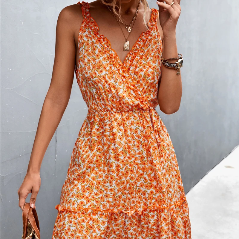 

Women's Floral Slip Dress Spring and Summer Collar Lace Floral Slip Dress Comfortable Casual Women Clothing Beach Dress LOOSE