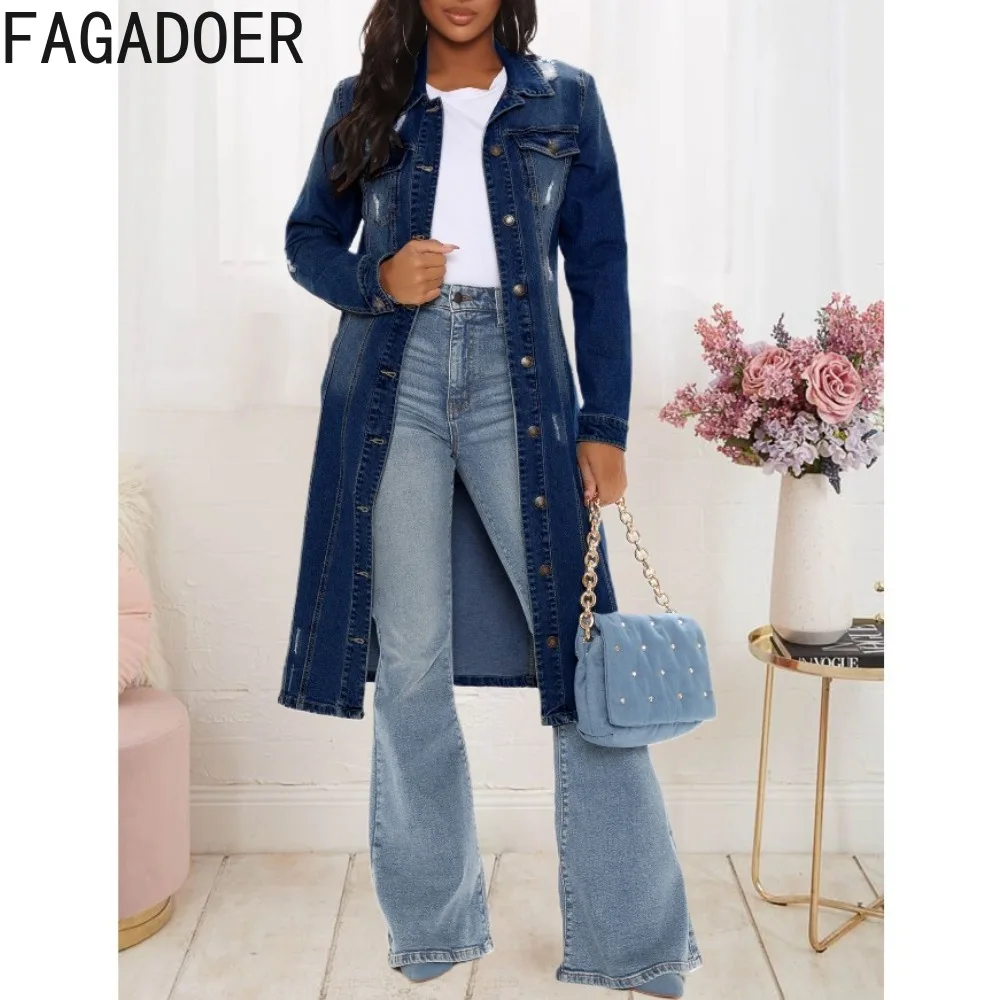 

FAGADOER Fashion Denim Hole Loose Jacket Women Turndown Collar Long Sleeve Button Straight Coats Casual Female Cowboy Tops 2024