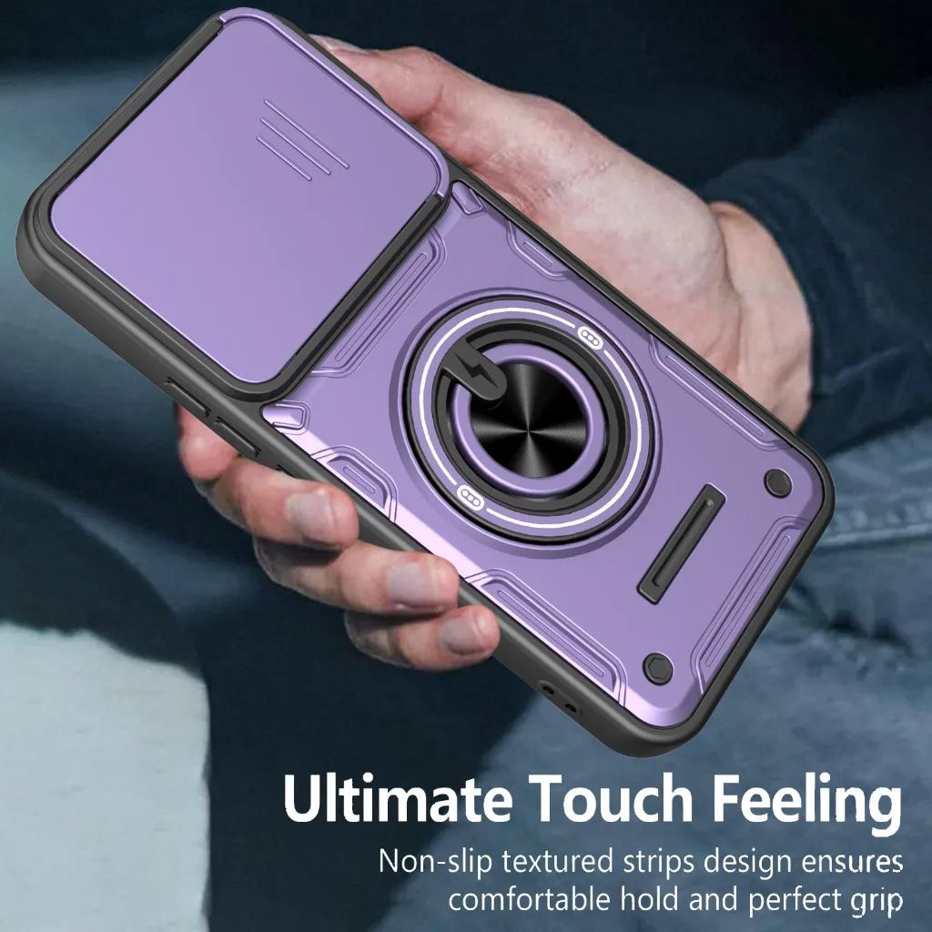 360° Ring Holder Stand Armor Phone Case with Slide Camera Lens Protector | Shockproof Heavy Duty Back Cover