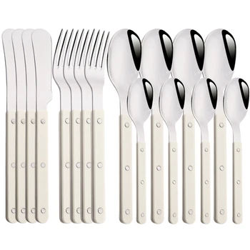 Beige Argento 4/16 pezzi Stoviglie Manico acrilico Coltello Forchetta Cucchiaio Set Set Posate in acciaio inossidabile Set Posate da cucina per cena occidentale 1
