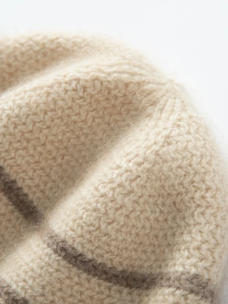 Wool Cashmere Stripes Jacquard Knitted Beanies Double Layers Thick 2023 Women Winter Caps Present Hat Cashmere Warm Bonnet #136 2