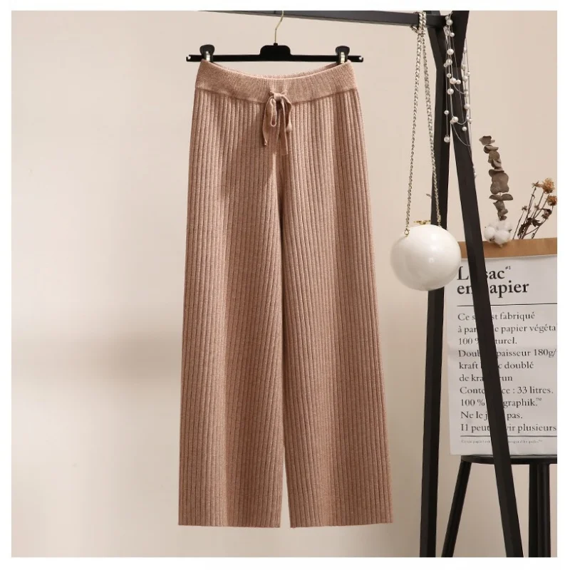 Elastic Waist Thickening Wide Leg Women's Cropped New Wool Straight Long Pants Draping Effect Loose Knitted Trousers