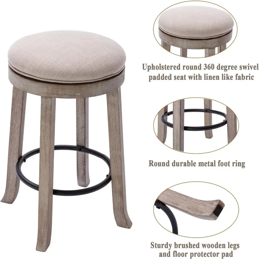 Swivel Bar Stools Set of 2, 26&rdquo; Counter Height Stools, Fabric Armless Barstool Rubberwood Legs, Farmhouse Kitchen Island Chair