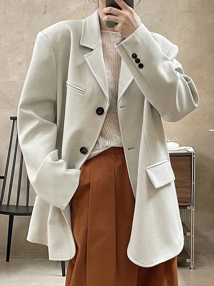 [LANMREM] Solid Loose Blazer For Women Notched Single Breasted Long Sleeve Office Lady Jackets Fashion 2024 Spring New 26D942