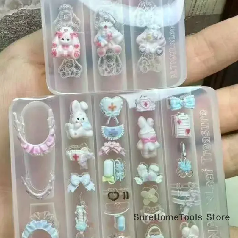 Cartoon Cute Lace Bow Rabbit Silicone Nail Molds Transparent Carving Nail Template Manicure Design Tool DIY Nail Art Decoration