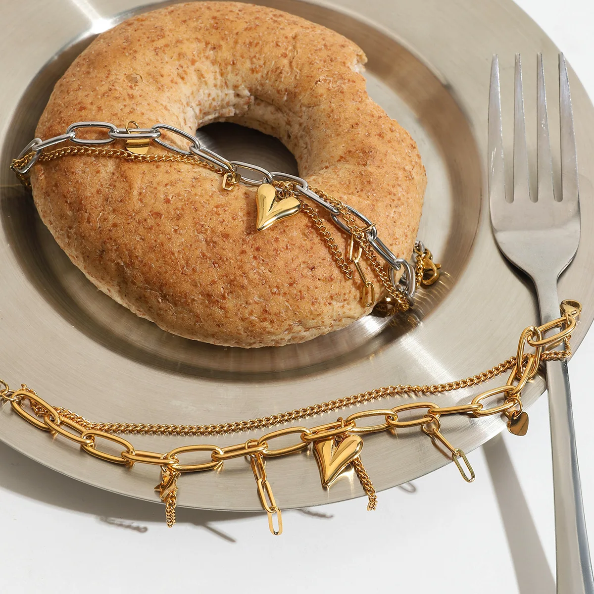 Stainless Steel Two Tone Metal Tassels Double-layer Chain Bracelet Waterproof Chunky Heart Adjustable Bracelets Vintage Jewelry