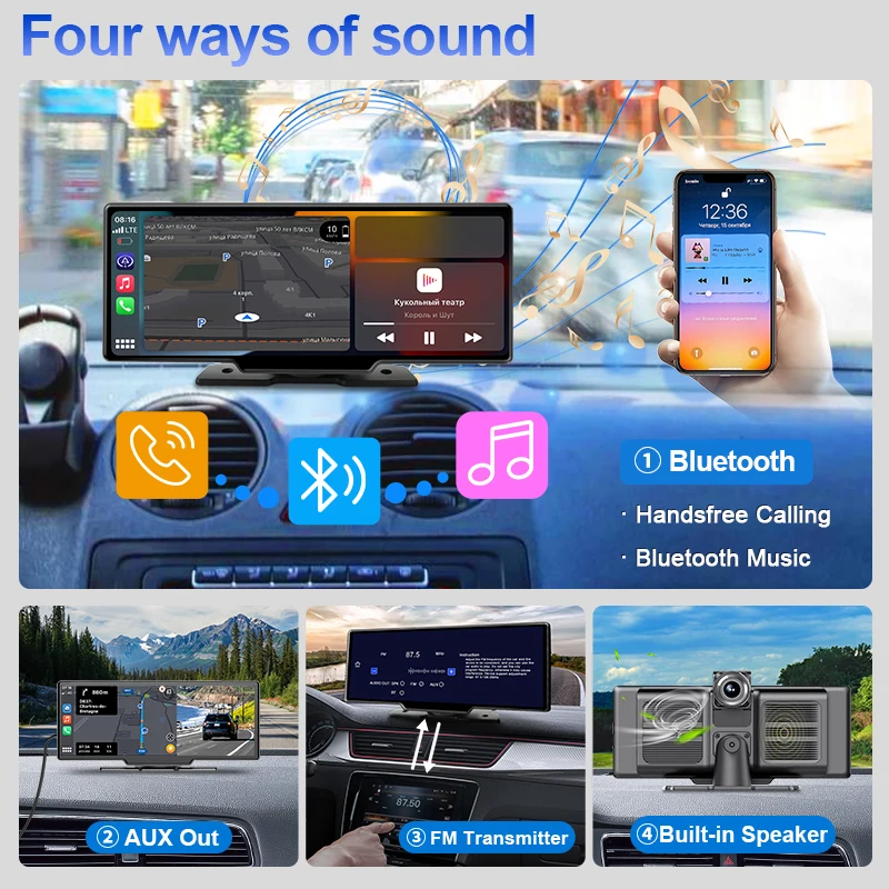 JMCQ 10.26″ 4K ADAS DVR Wireless Carplay & Android Auto Car Display Smart Portable Car Multimedia Head Unit USB AUX Mirror LINK