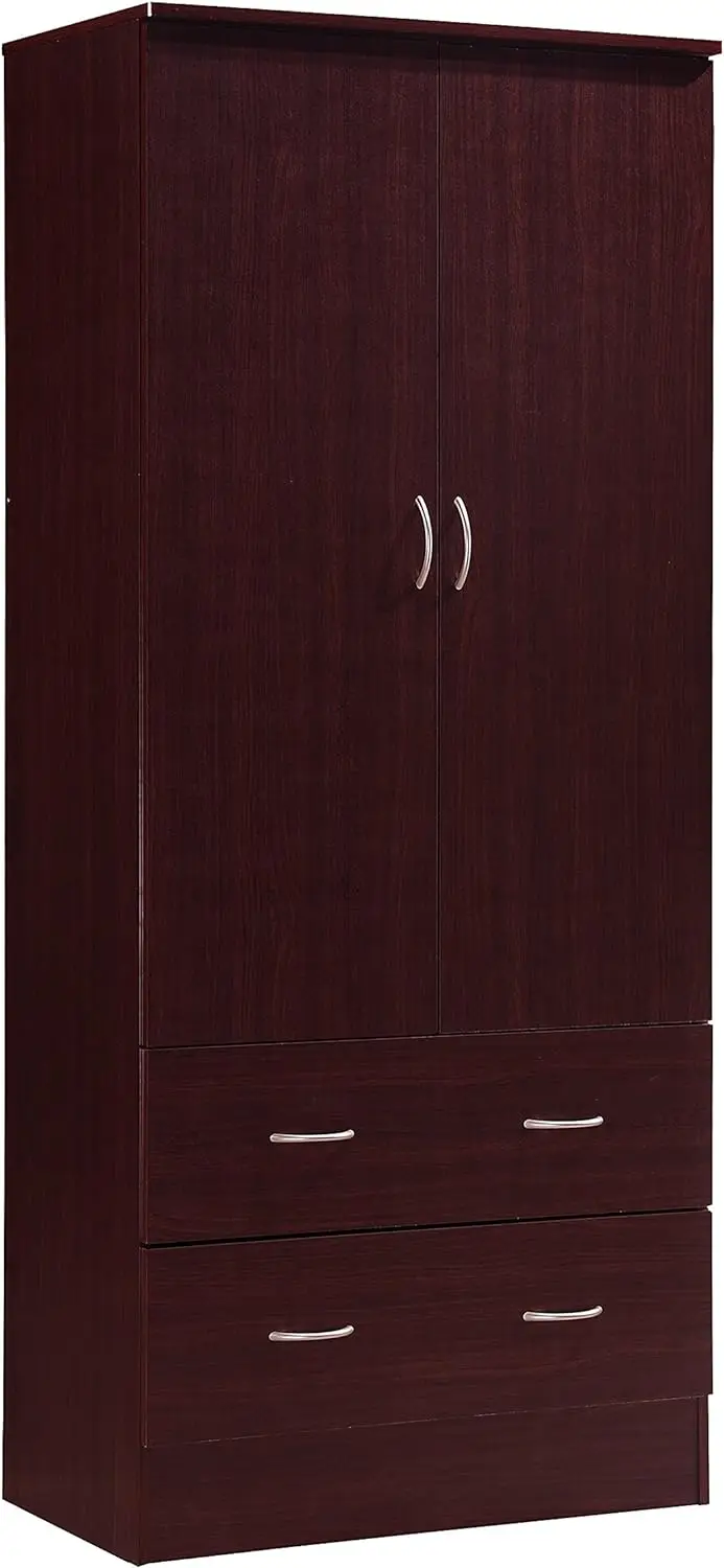 

2 Door Wood Wardrobe Bedroom Closet with Clothing Rod inside Cabinet and 2 Drawers for Storage, Multiple Colors