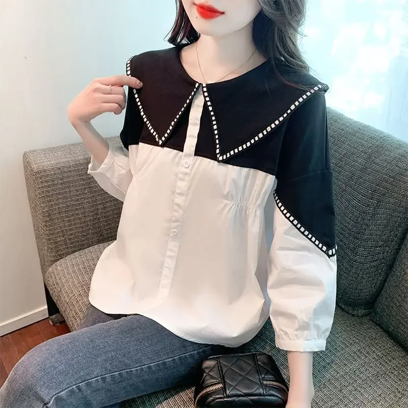 

Sweet Peter Pan Collar Button Spliced Folds Blouses Women's Clothing 2024 Autumn Loose Casual Pullovers Asymmetrical Shirts Z803