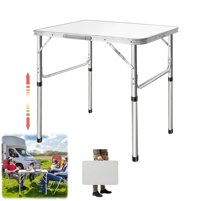 Portable 2.5ft Folding Table, Adjustable Height Aluminum Camping Desk w/Handle, 75x55cm Picnic Table for Beach Party Outdoor