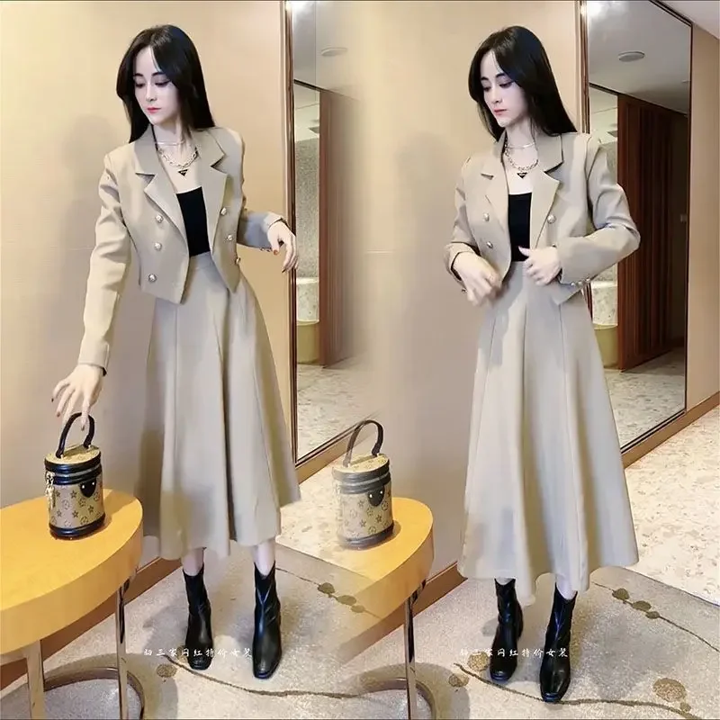 

UNXX 2024 Spring Autumn Skirts Sets Women Blazer Suits Lapel Solid Small Suit Jacket Women New Long Skirts Two-piece Suit Ladies