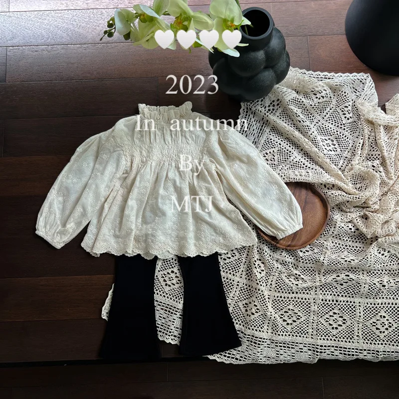 7357 Korean Girls Blouses kids shirts Lace Hollow Out Floral Shirt Baby Girls Clothes Tops Long Sleeve White Blouse