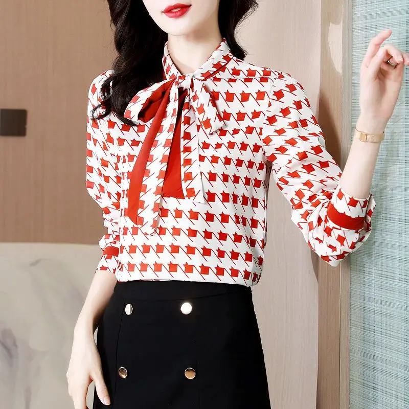 

Шифоновая рубашка со шнуровкой и бантом, рубашка с длинным рукавом, шелковая Глянцевая блузка с геометрическим принтом, Женский пуловер в Корейском стиле на весну и осень