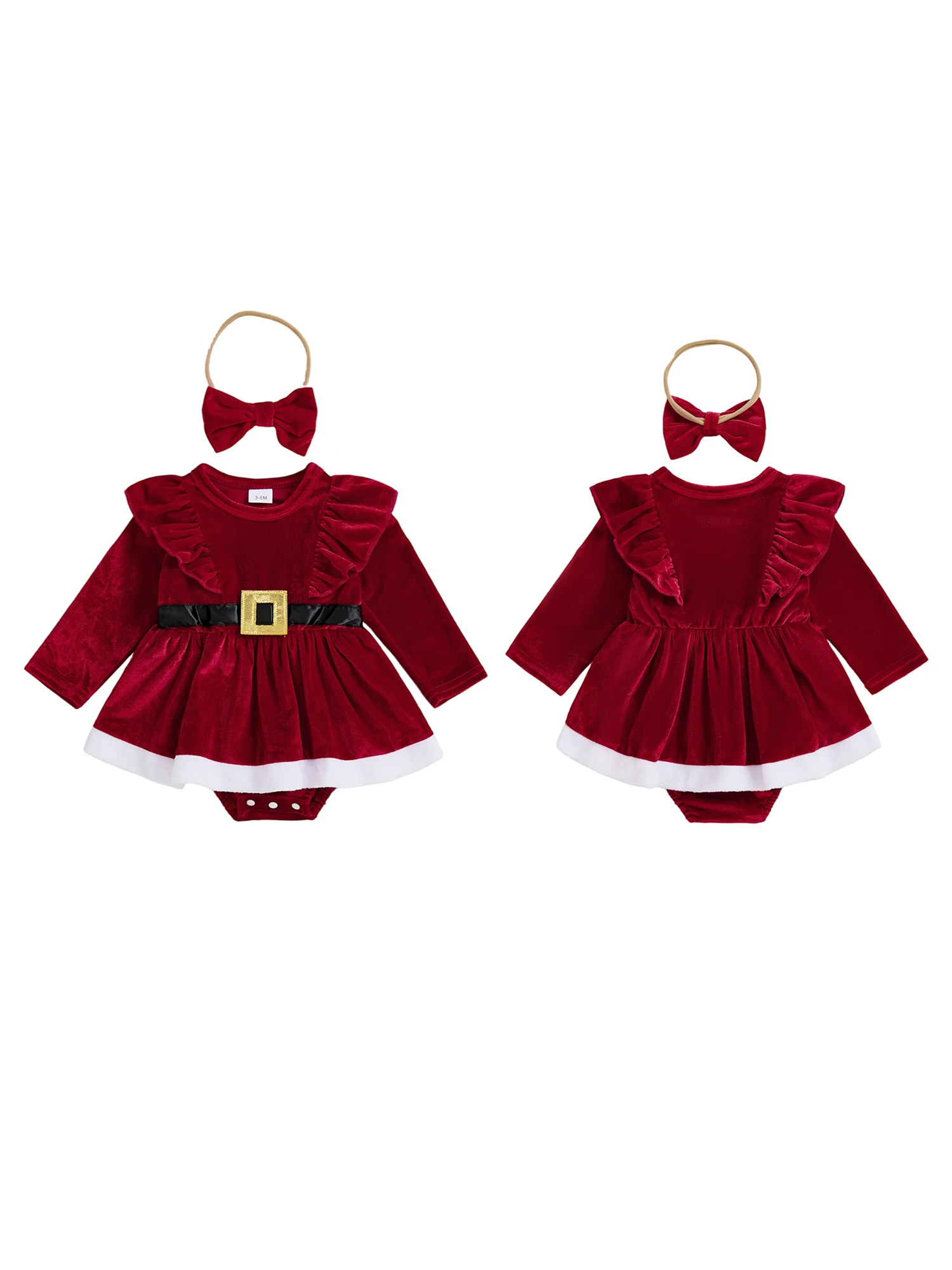 Adorable Christmas Toddler Girls Velvet Romper Dress with Ruffled Sleeves and Matching Bow Headband - Festive 2 Piece Set for