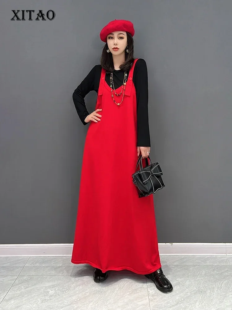 

XITAO Fashion Sleeveless Camisole Dress Simplicity Loose Temperament V-neck Collar Women Spring All-match New Dress WLD9052