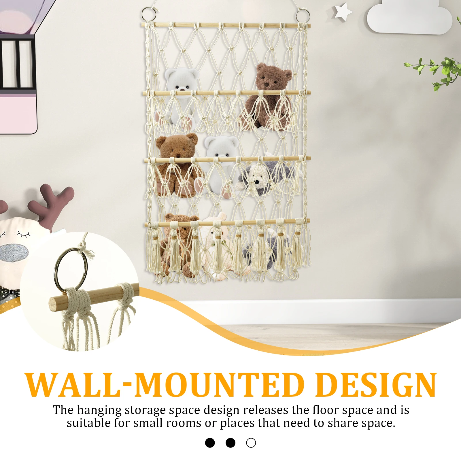 Stuffed Toy Storage Rack Handmade Woven Cotton Rope Decoration Wall Hanging Organizer Multi-layer Simple Hammock Storage Net Bag - 4