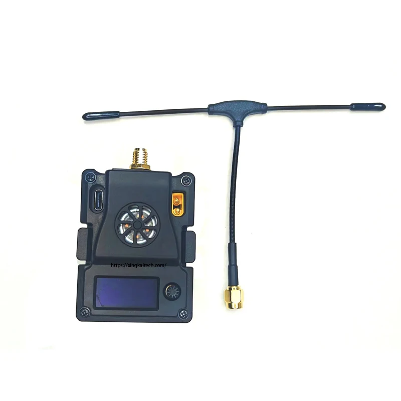 Module Émetteur ELRS 433MHz 1W pour Radio FPV Drone installé sur une radio, avec câble de liaison et antenne