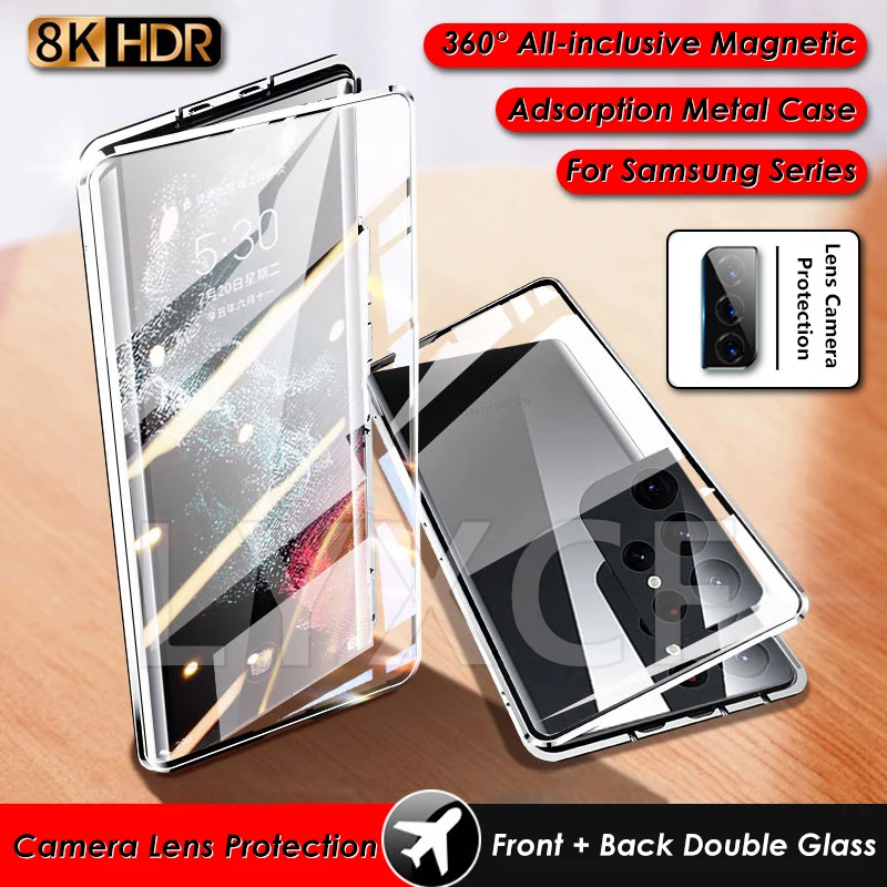 

360° Double Sided Glass Safety Lock Case For Samsung Galaxy S23 S22 S21 UItra Plus Magnetic Adsorption Camera Lens Protect Cover