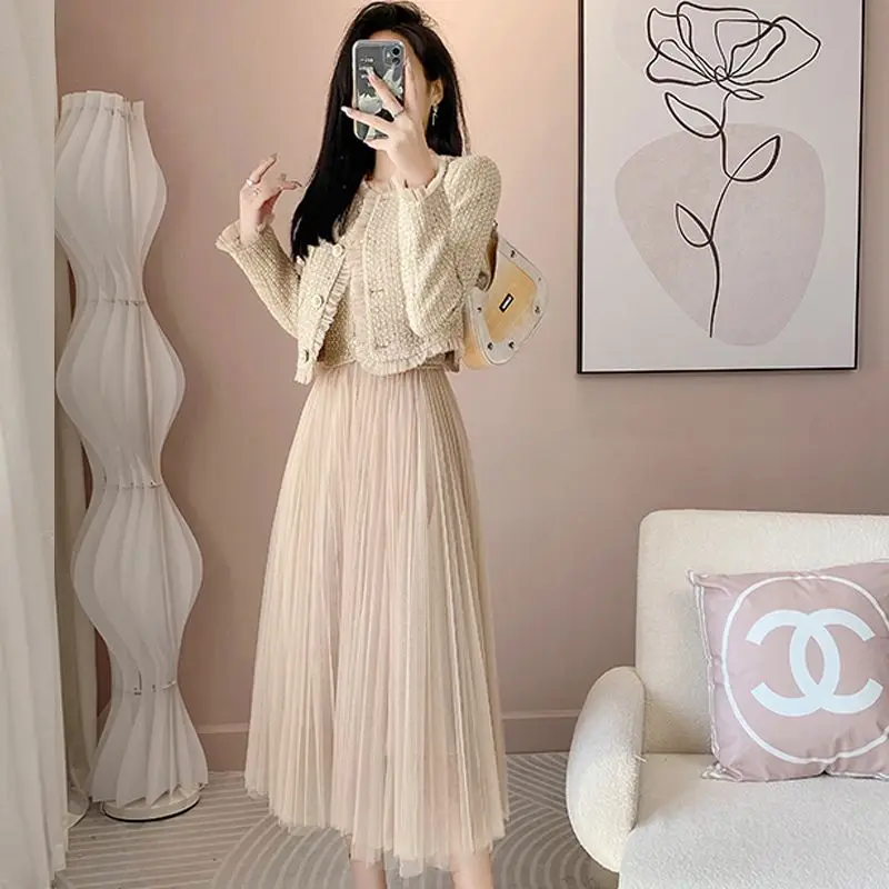 

2023 Fashion Women Spring Autumn 2 Piece Sets Female Short O-neck Cardigan Coats + Mesh Long Skirts Ladies Streetwear Suits R486