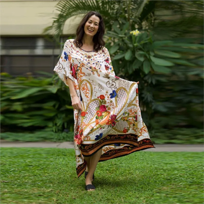 European and American Women's Clothing Muslim Print Loose Robe Middle East Beach Cover-up Holiday Dress