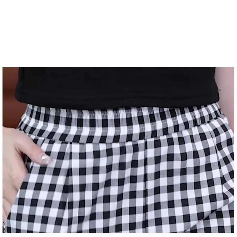 Spring Summer Checkered Pockets Contrast Color High Waisted Elastic Casual Loose Women's Clothing Wide Leg Trousers Pants