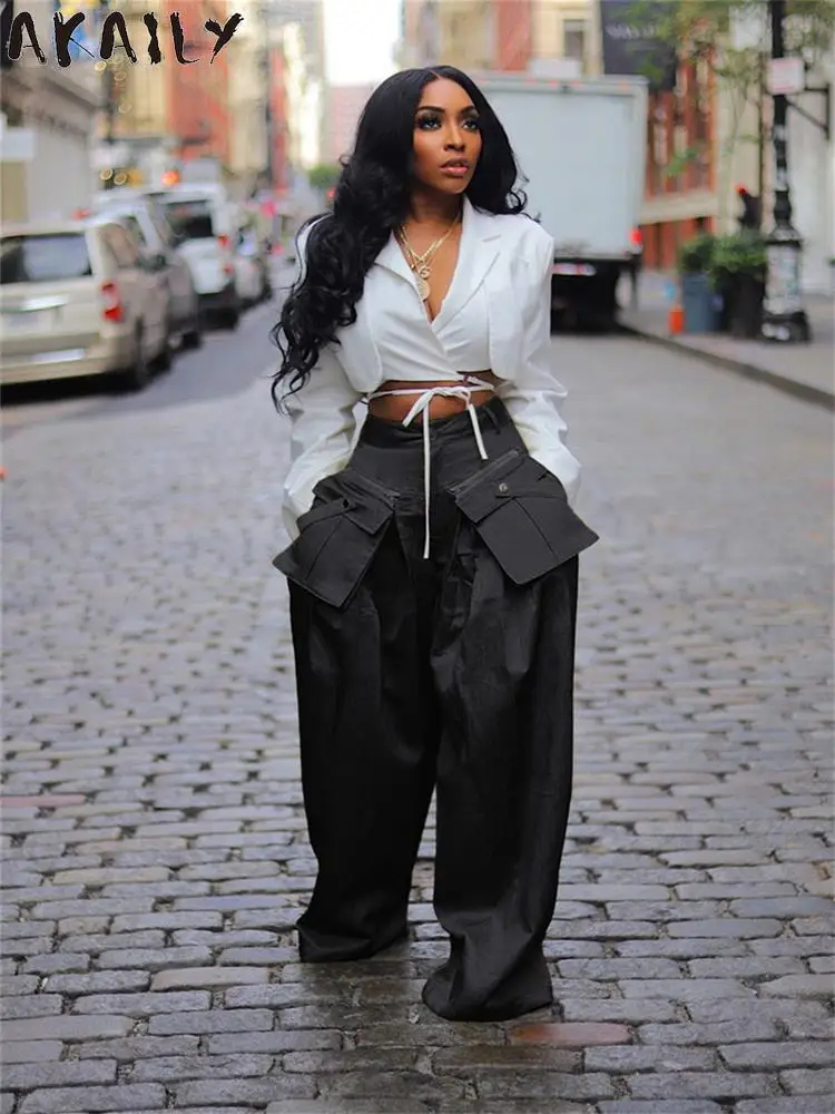 

Akaily Fall Green Pockets Baggy Pants Streetwear For Women 2023 High Waist Button Fly Wide Leg Pants Ladies Casual Long Trousers