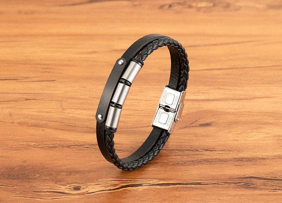 XQNI Neue Minimalistischen Männer Seil Armband Doppel Schicht Leder Armband Homme Edelstahl Zubehör Freund Schmuck Geschenk – Detail 5
