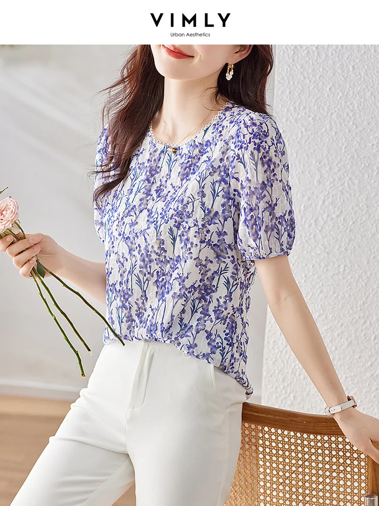 Vimly Floral Chiffon Blouse for Women Fashion 2023 Summer Shirts Straight Pullover Short Puff Sleeve Lace Round Neck Casual Tops vimly high waist wide leg white jeans for women 2023 summer fashion straight loose mopping pants casual streetwear troursers