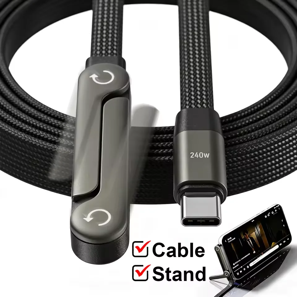 Cabo de Dados Dobrável 2 em 1 240W Tipo C para Tipo C com Carregamento Rápido e Suporte de Mesa para iPhone 17 Samsung