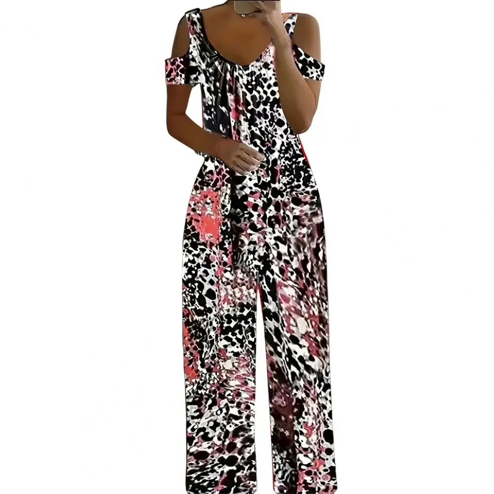 

Summer Women Jumpsuit Hollow Out Shoulder Printed V Neck Short Sleeves Contrast Color Deep Crotch Straight Wide Leg OL Commute V