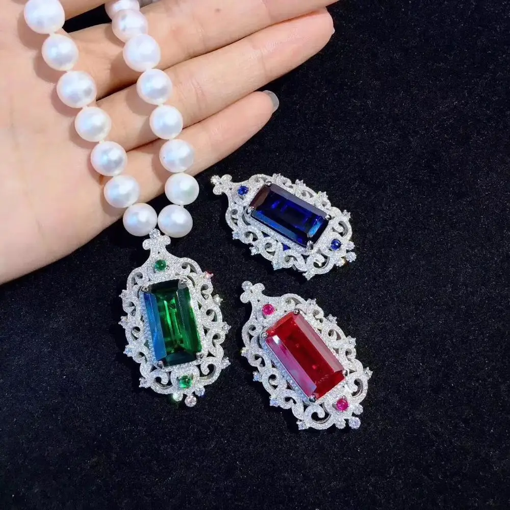 

Geometric square red blue green zircon pendant pearl necklace short choker for women luxury jewelry party necklace
