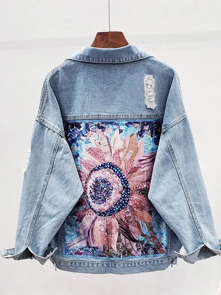 

Streetwear Style Print Women's Denim Jacket Coat Diamonds Hole BF Jeans Outwear Female Spring Autumn Casual Loose Cowboy Outwear